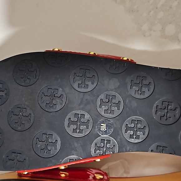 Tory Burch Dixon Patent Leather Wood Slides size 8 Womens Shoes Red Blue clogs - Picture 15 of 16